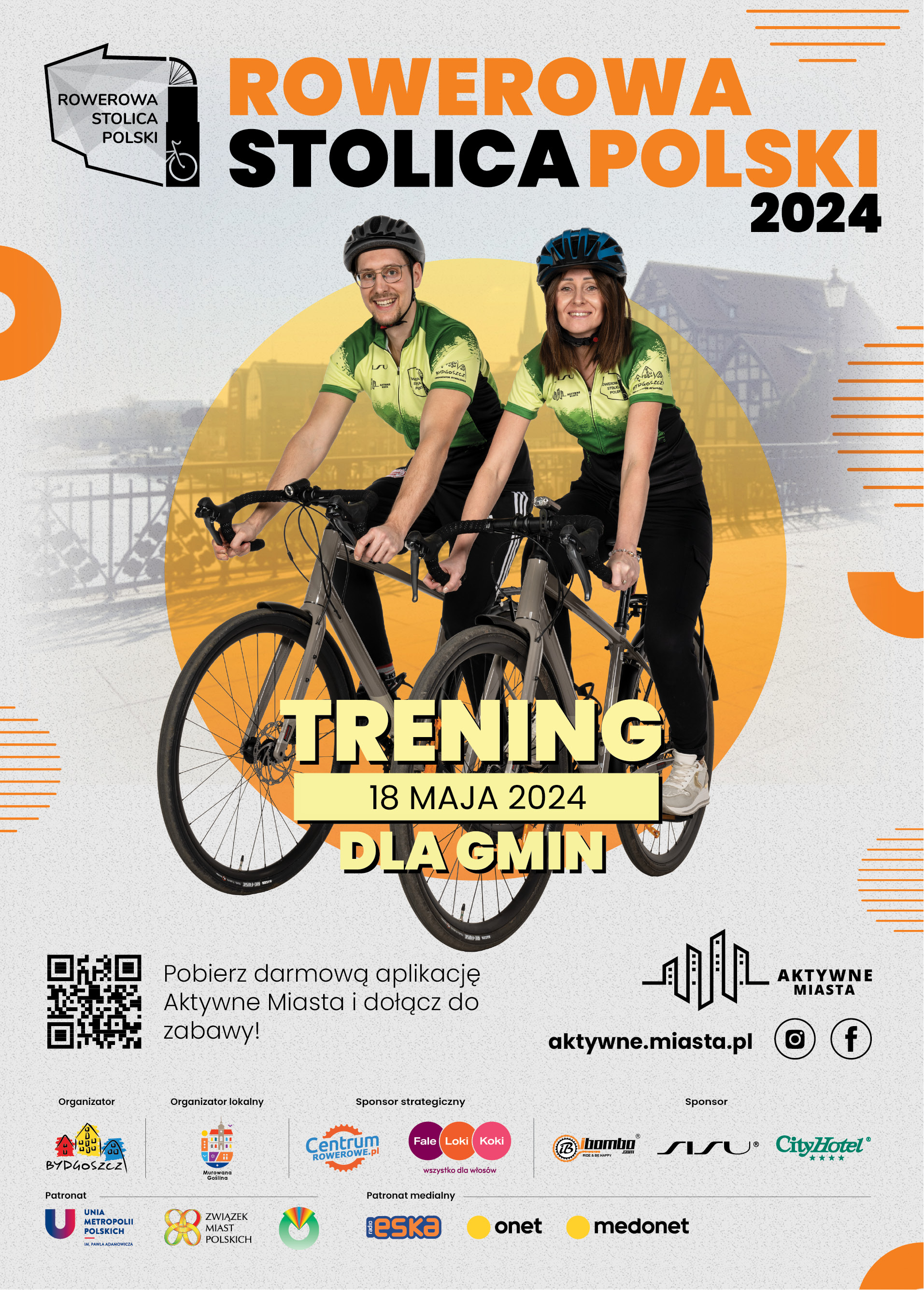 dwóch rowerzystów na rowerach, napis trening dla gmin, Rowerowa Stolica Polski, 18 maja