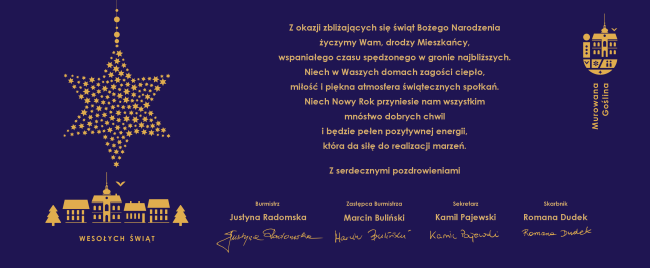 Grafika złotej gwiazdy i złotych budynków oraz złote logo