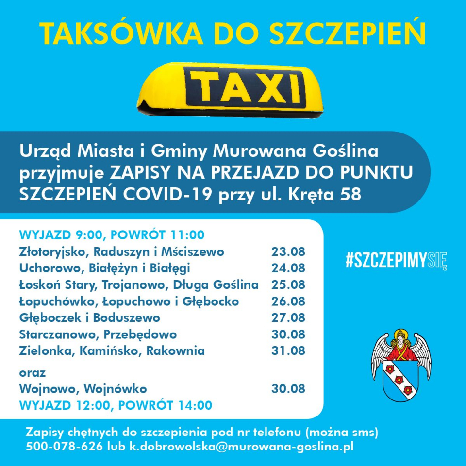 Harmonogram wyjazdów taksówki do punktu szczepień w Murowanej Goślinie