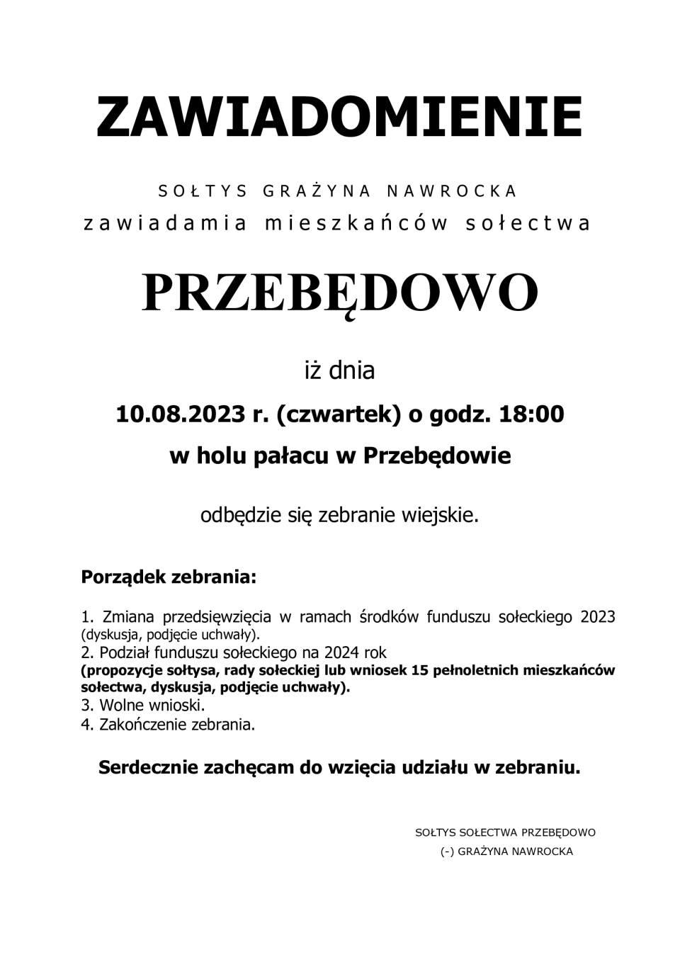 zawiadomienie o zebraniu wiejskim