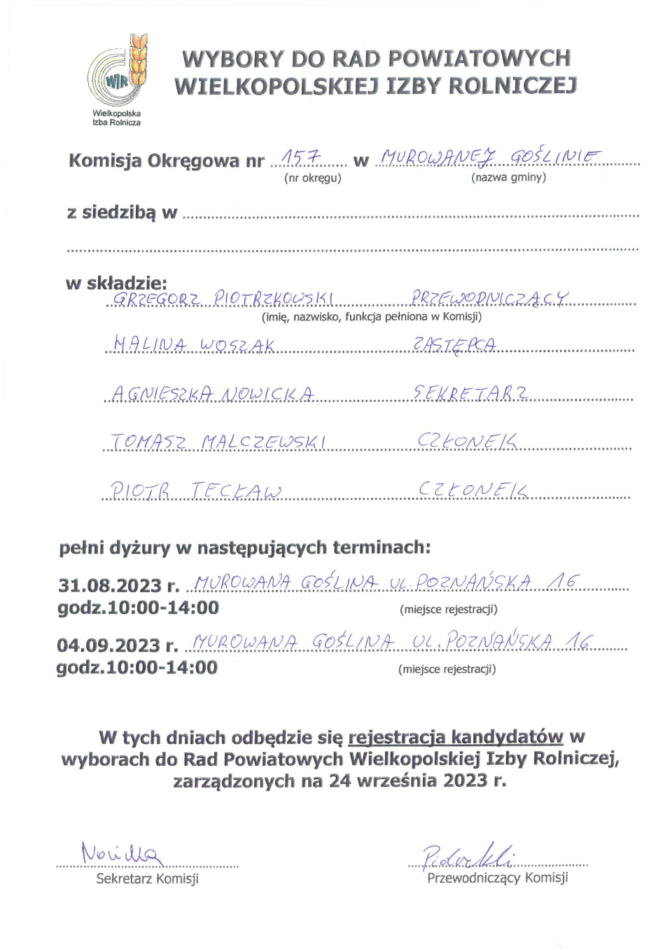 informacja o dyżurze Komisji Okręgowej 157 w Murowanej Goślinie, 31 sierpnia i 4 września, ul. Poznańska 16, budynek...