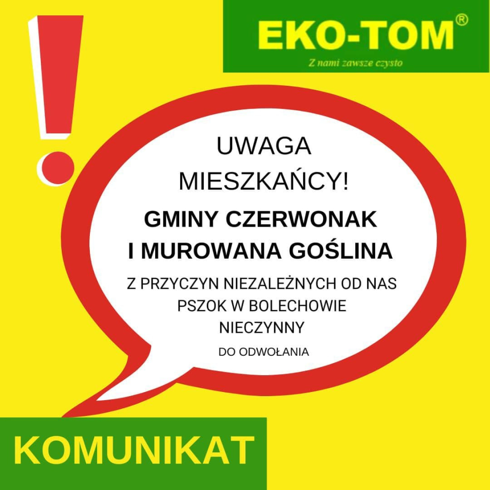logo Eko-tom, PSZOK w Bolechowie nieczynny do odwołania z przyczyn niezależnych od Eko-tom