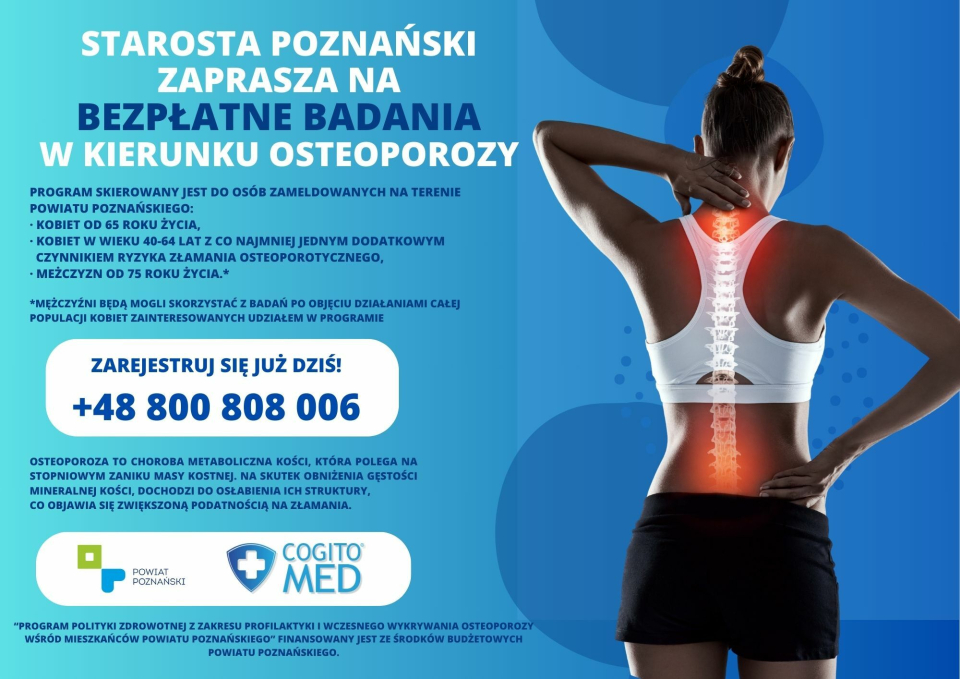 Ruszają bezpłatne badania w kierunku osteoporozy 19.09.2023 Starosta Poznański zaprasza na bezpłatne badania w kierunku...