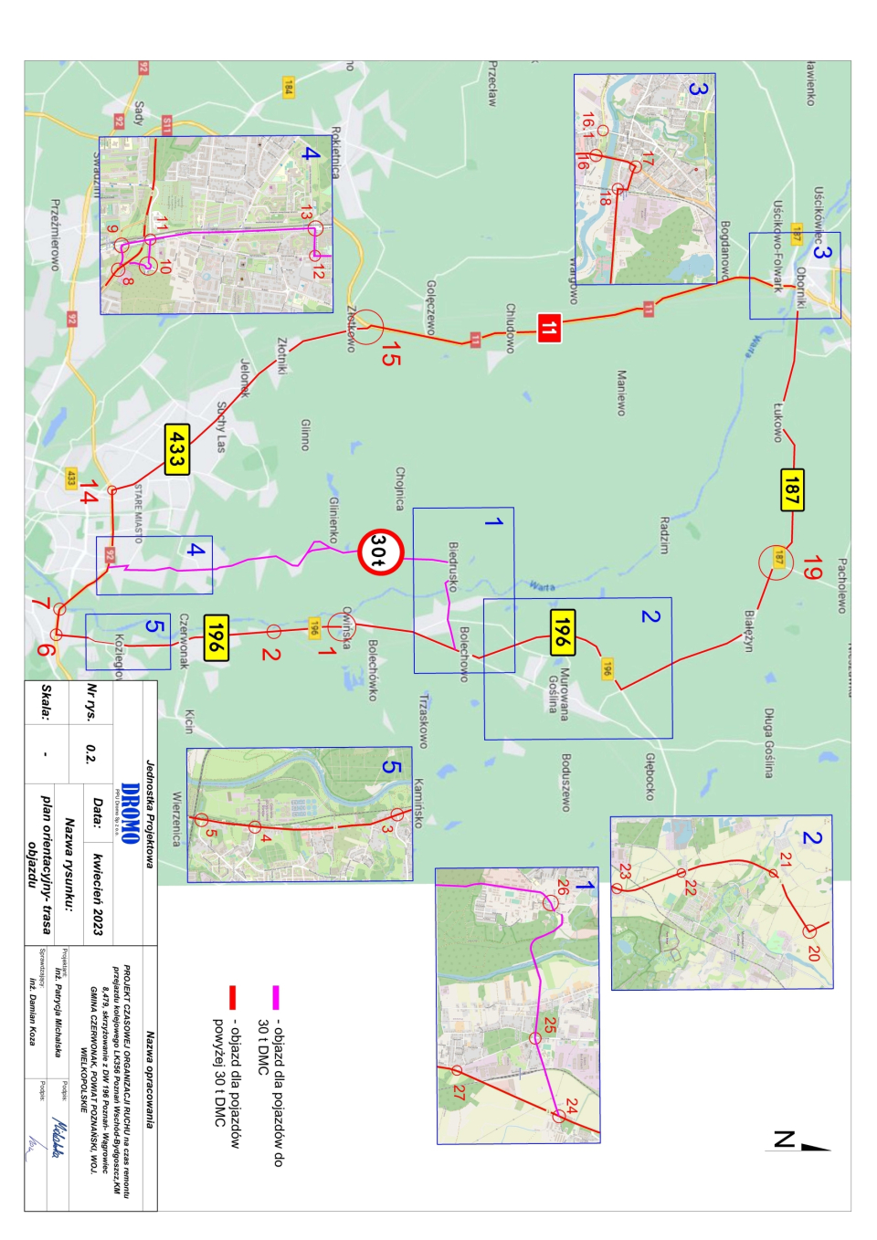 mapa z zaznaczonymi objazdami