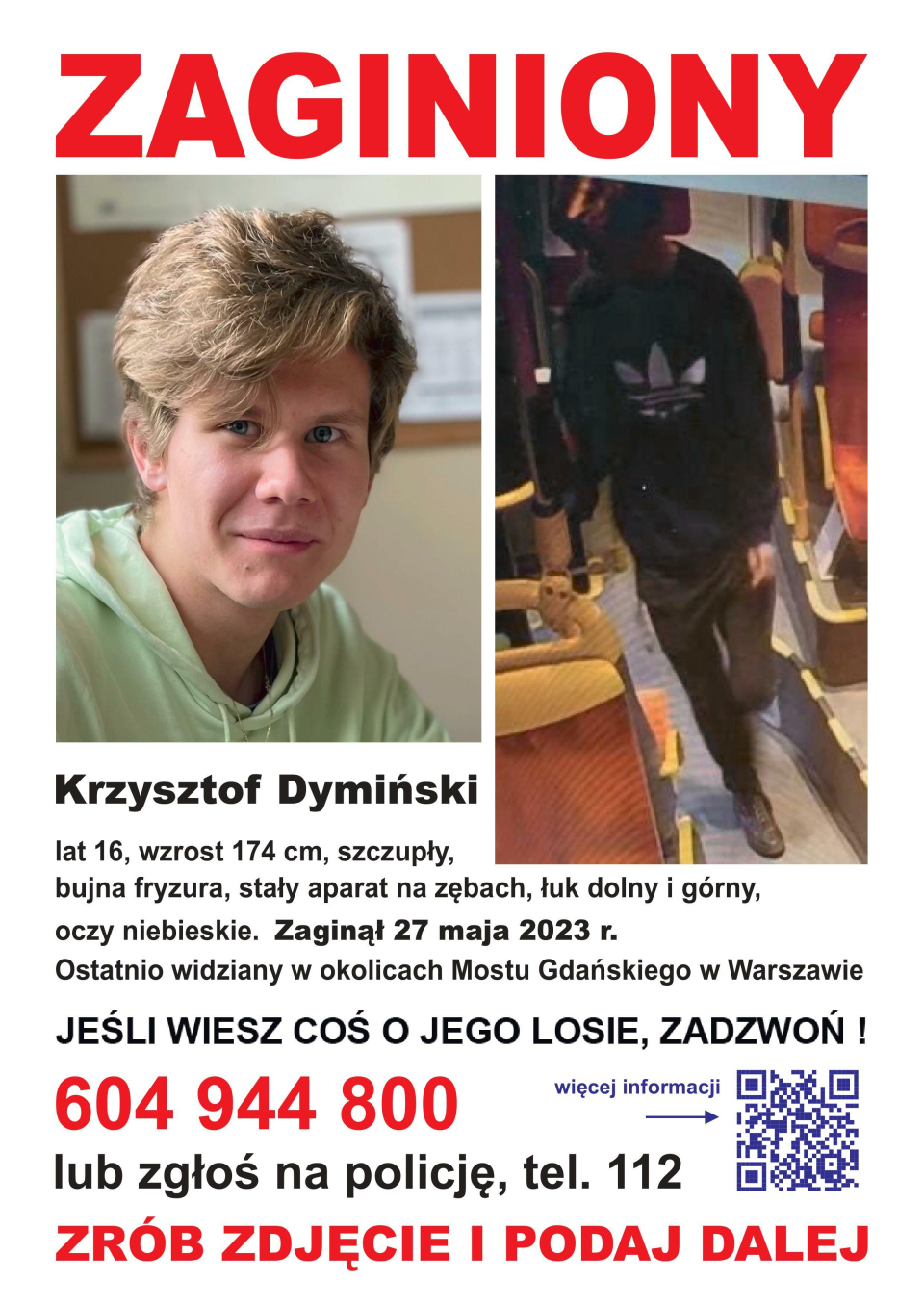 na plakacie widoczne dwa zdjęcia chłopca. Na pierwszym zdjęcie twarzy, na drugim zdjęcie postaci w tramwaju lub autobusie.