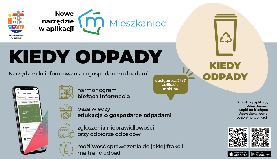od 1 stycznia 2024 roku nowy moduł w aplikacji mMieszkaniec, "Kiedy odpady", a w nim m.in. harmonogram odbioru odpadów...