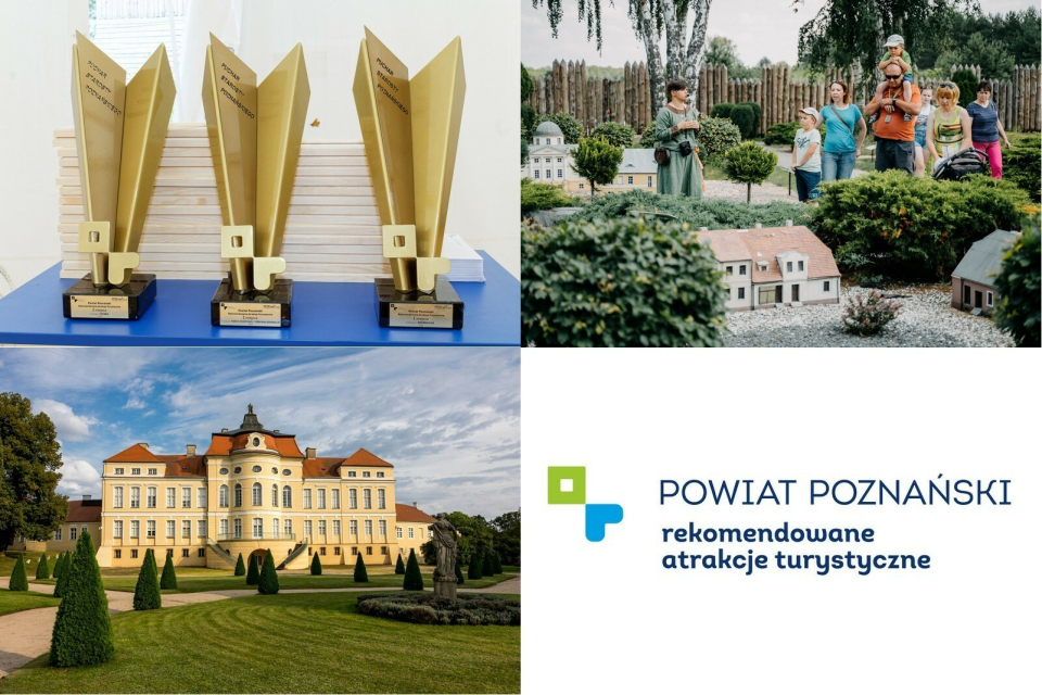 baner z napisem powiat poznański rekomendowane atrakcje turystyczne, na zdjeciu 4 puchary, muzeum miniatur w Pobiedziskach,...