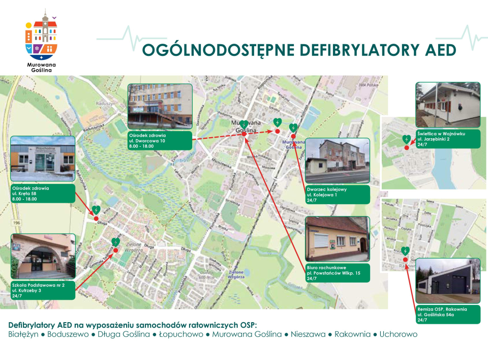 mapa gminy Murowana Goślina z zaznaczonymi miejscami gdzie są dostępne defibrylatory