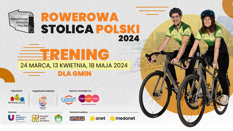 [obraz] Rowerowa Stolica Polski, trening 24.03.2024 r., start Wojnówko, logo gminy i aplikacji, zarys rowerzystów