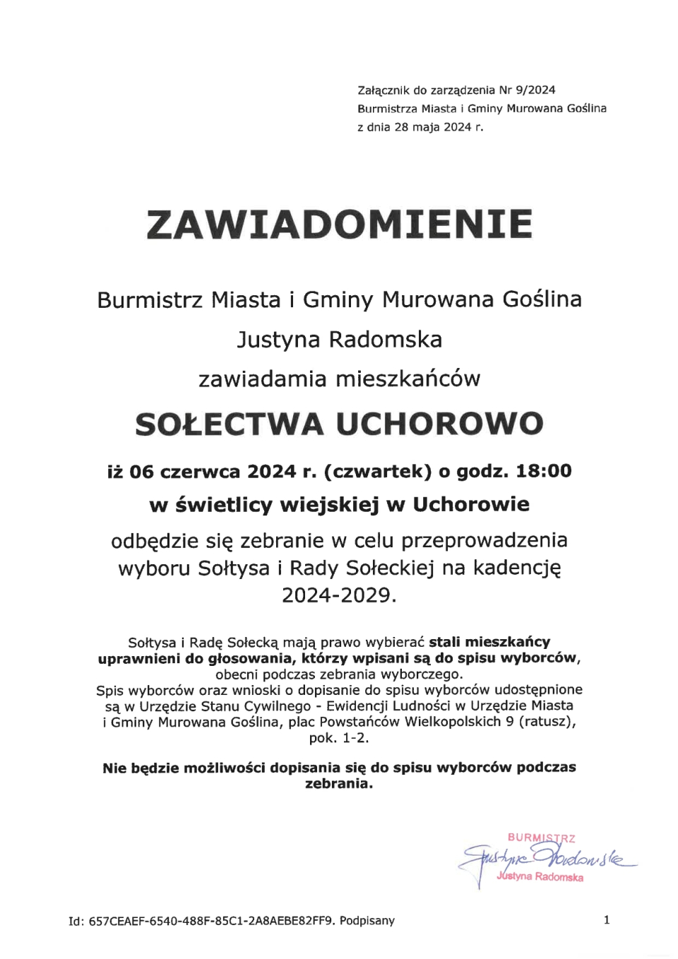 ZARZĄDZENIE NR 9/2024 BURMISTRZA MIASTA I GMINY MUROWANA GOŚLINA z dnia 28 maja 2024 r. w sprawie zwołania zebrania...