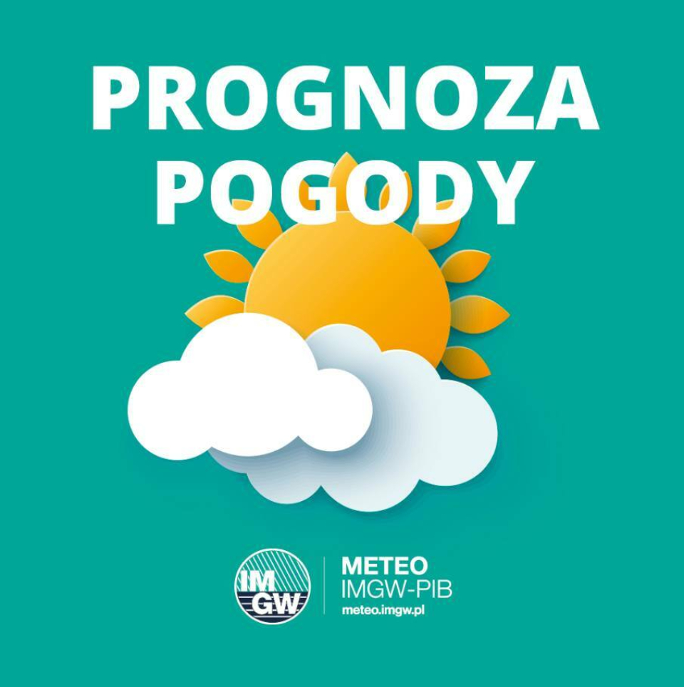 grafika przedstawiająca chmurkę, słońce i znak burzy, napis Prognoza pogody