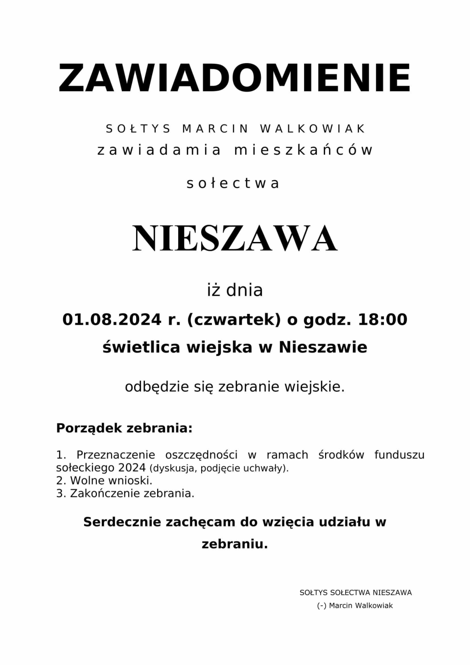 zawiadomienie o zebraniu w Nieszawie