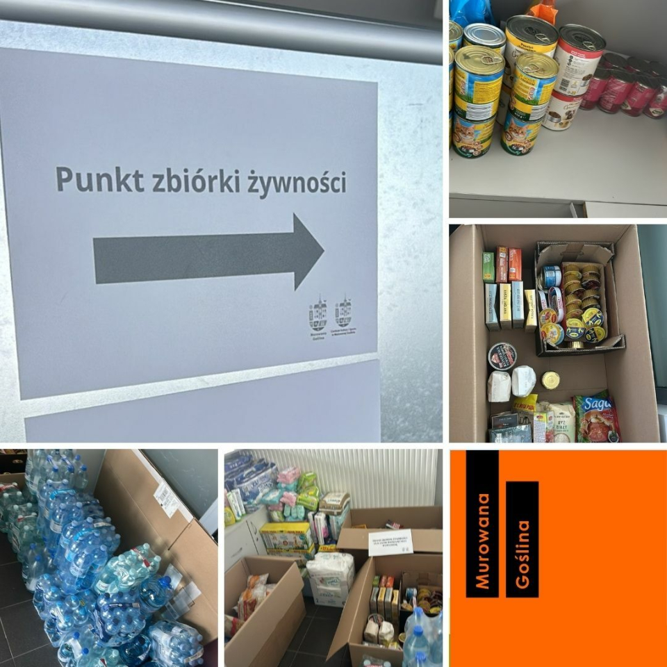 Tekst: Punkt zbiórki żywności, zdjęcia wody w butelkach i produktów żywnościowych w kartonach