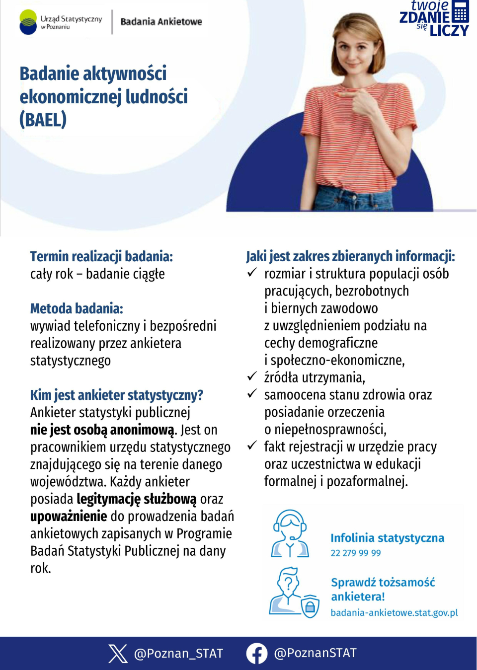 na plakacie informacja o badaniu: Badanie aktywności ekonomicznej ludności, na plakacie zdjęcie kobiety na niebieskim tle