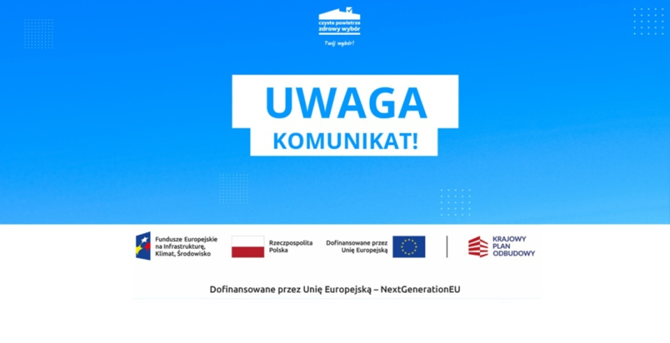 grafika domku i tekst Uwaga Komunikat