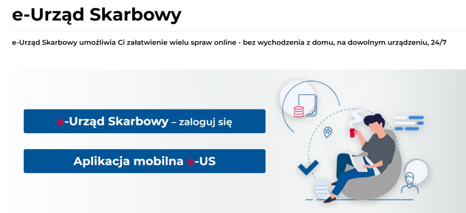 grafika człowieka z komputerem i tekst e-Urząd Skarbowy