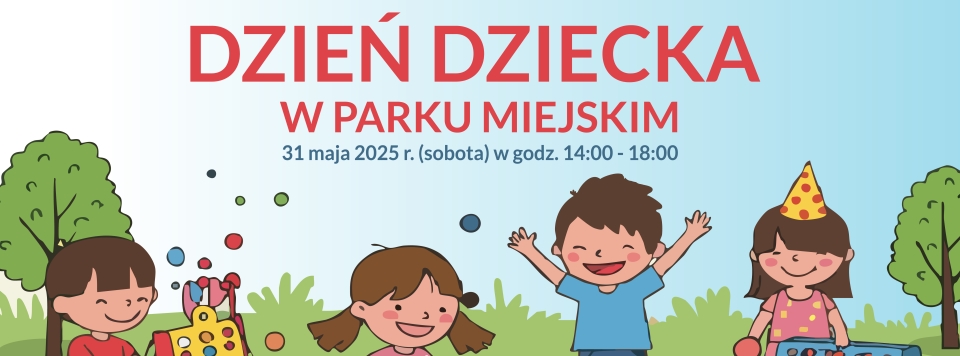 [obraz] grafika dzieci bawiących się między drzewami i tekst Dzień Dziecka w Parku Mijeskim