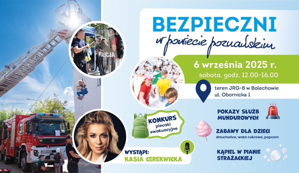 [obraz] grafika wozu strażackiego z drabiną, policjanta z tarczą, dzieci w pianie i twarzy kobiety