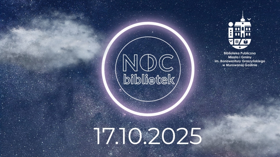 [obraz] napis Noc Bibliotek na tle imitującym niebo z chmurami