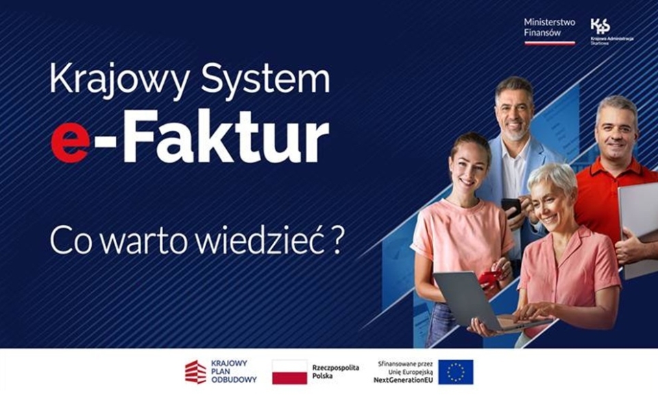 [obraz] grafika przedstawia cztery osoby: dwie kobiety i dwóch mężczyzn oraz tekst Krajowy system e-Faktur Co warto wiedzieć?