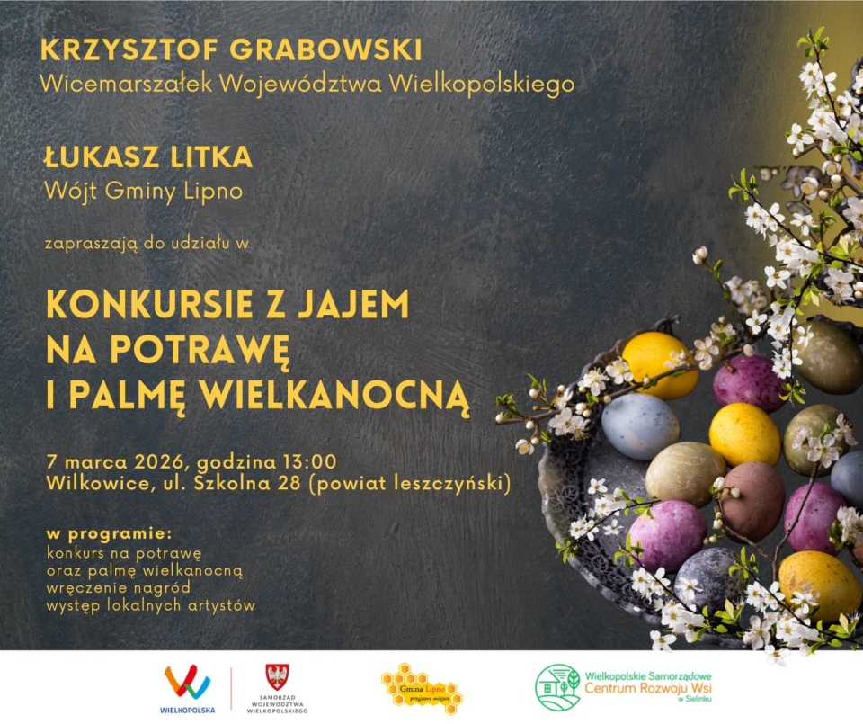 grafika przedstawia kosz z pomalowanymi jajami i kolorowe kwiaty