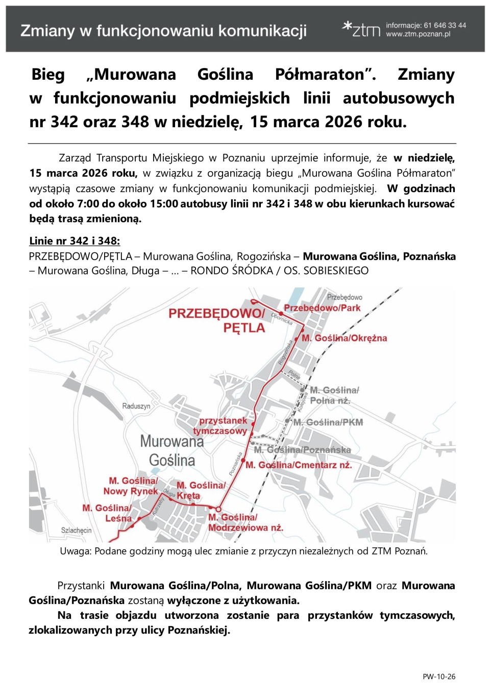 plakat z informacjami o utrudnieniach - tekst