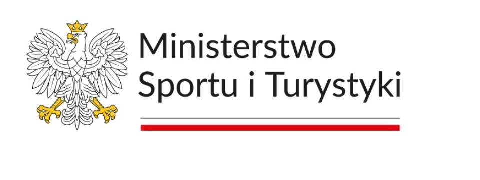 napis Ministerstwa Sportu i Turystyki, obrys orła i biało-czerwona flaga w formie długiego paska