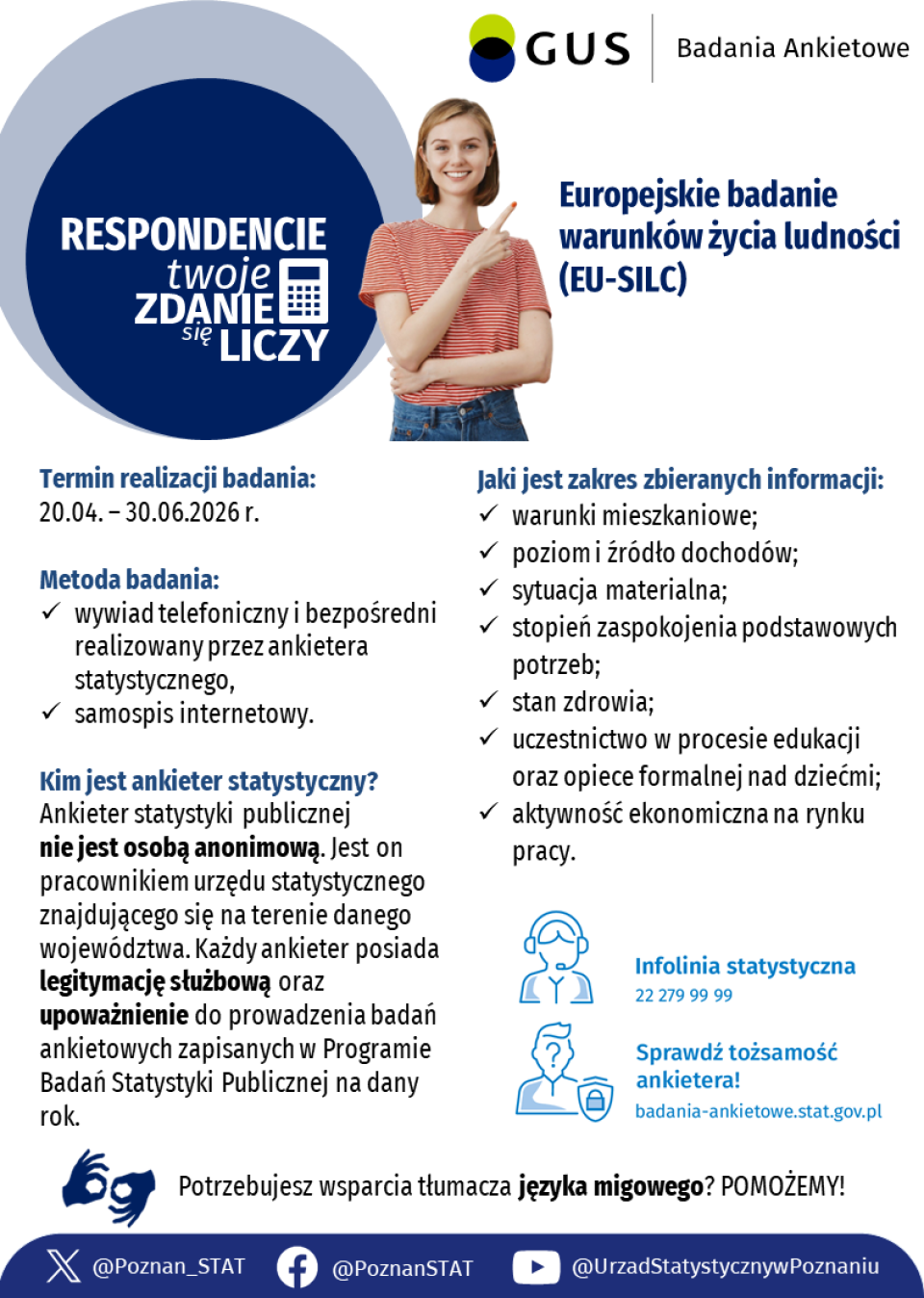 kobieta pokazuje palcem wskazującym na napis Europejskie badanie warunków życia ludności (EU-SILC)