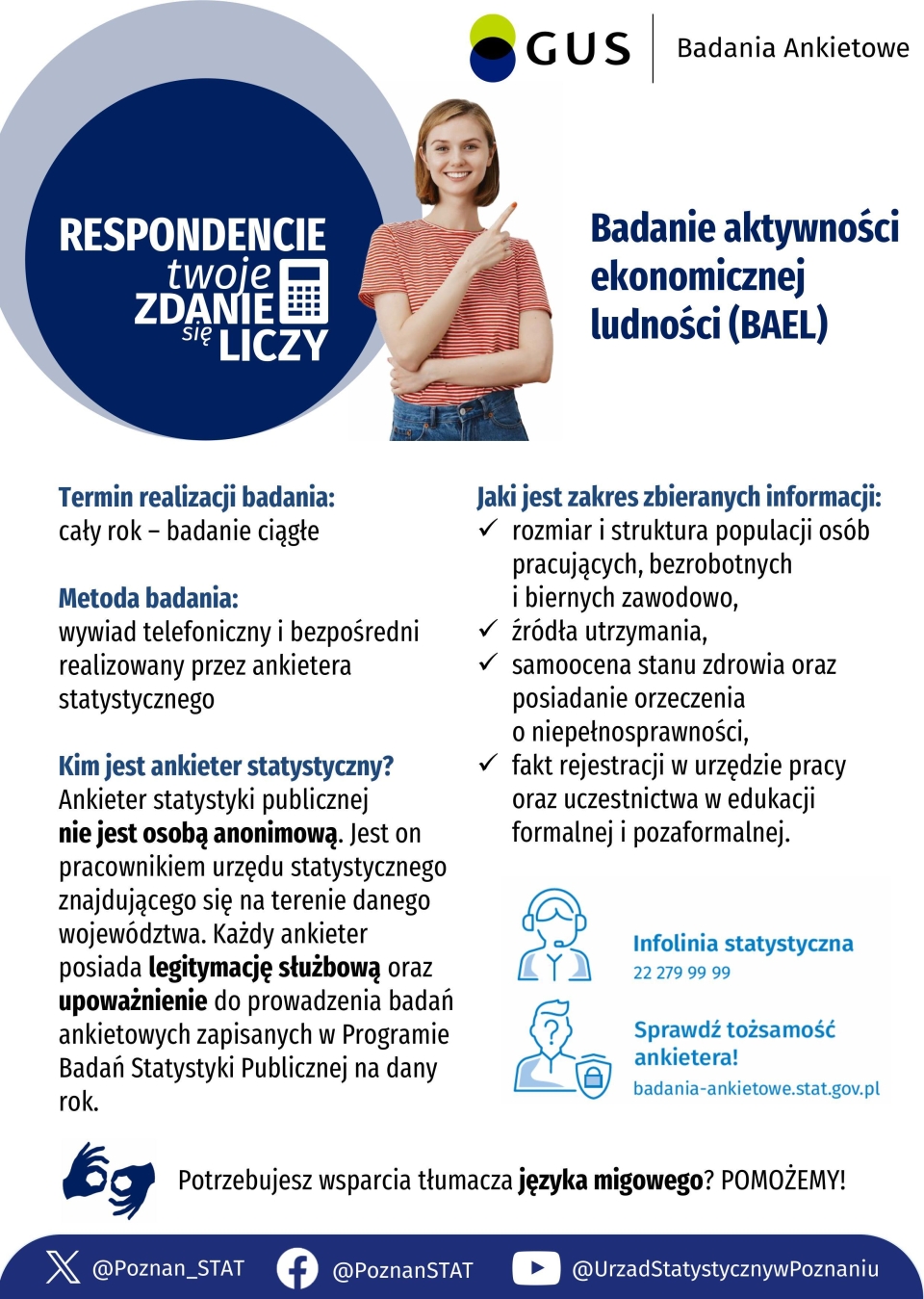 kobieta wskazująca palcem wskazującym na napis Badanie aktywności ekonomicznej ludności (BAEL)