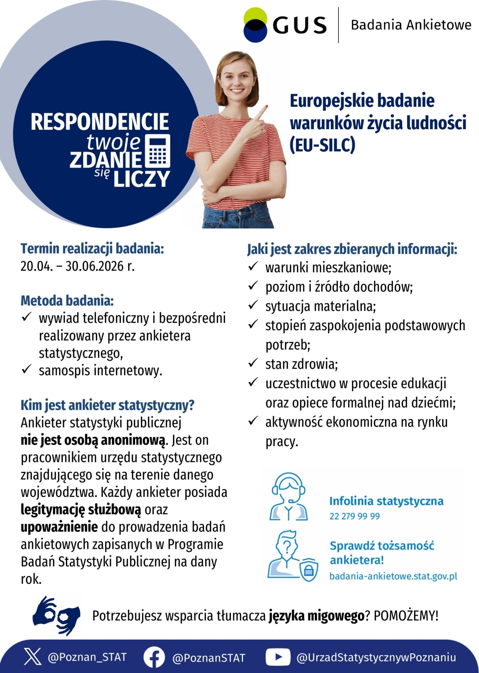 kobieta pokazuje palcem wskazującym na napis Europejskie badanie warunków życia ludności (EU-SILC)