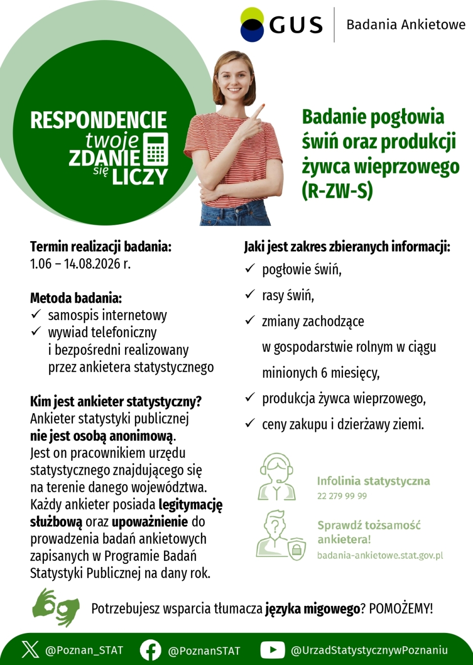 kobieta pokazuje palcem wskazującym na napis Badanie pogłowia świń oraz produkcji żywca wieprzowego (R-ZW-S)