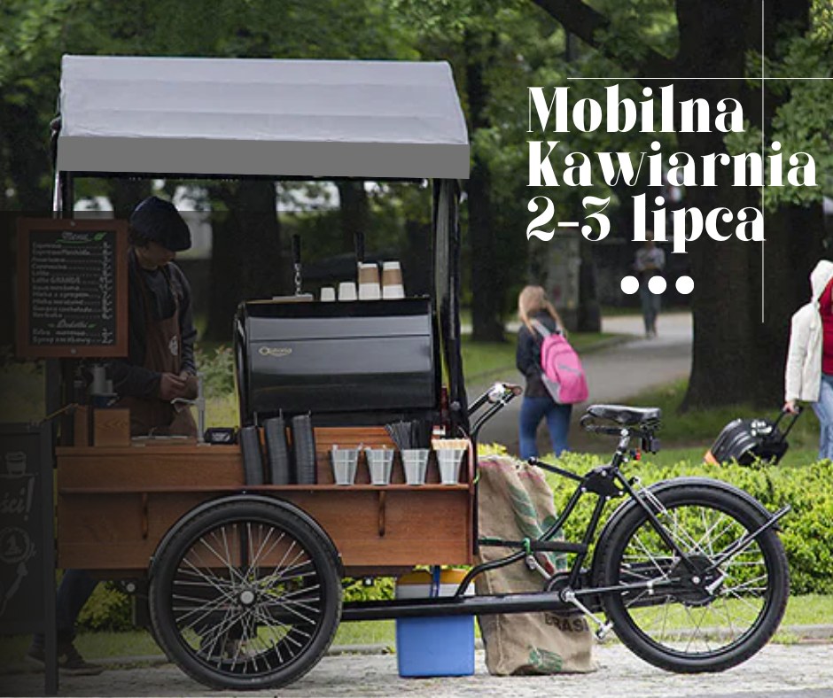 mobilna kawiarenka na rowerze przy niej obsługujący kawiarenkę mężczyzna