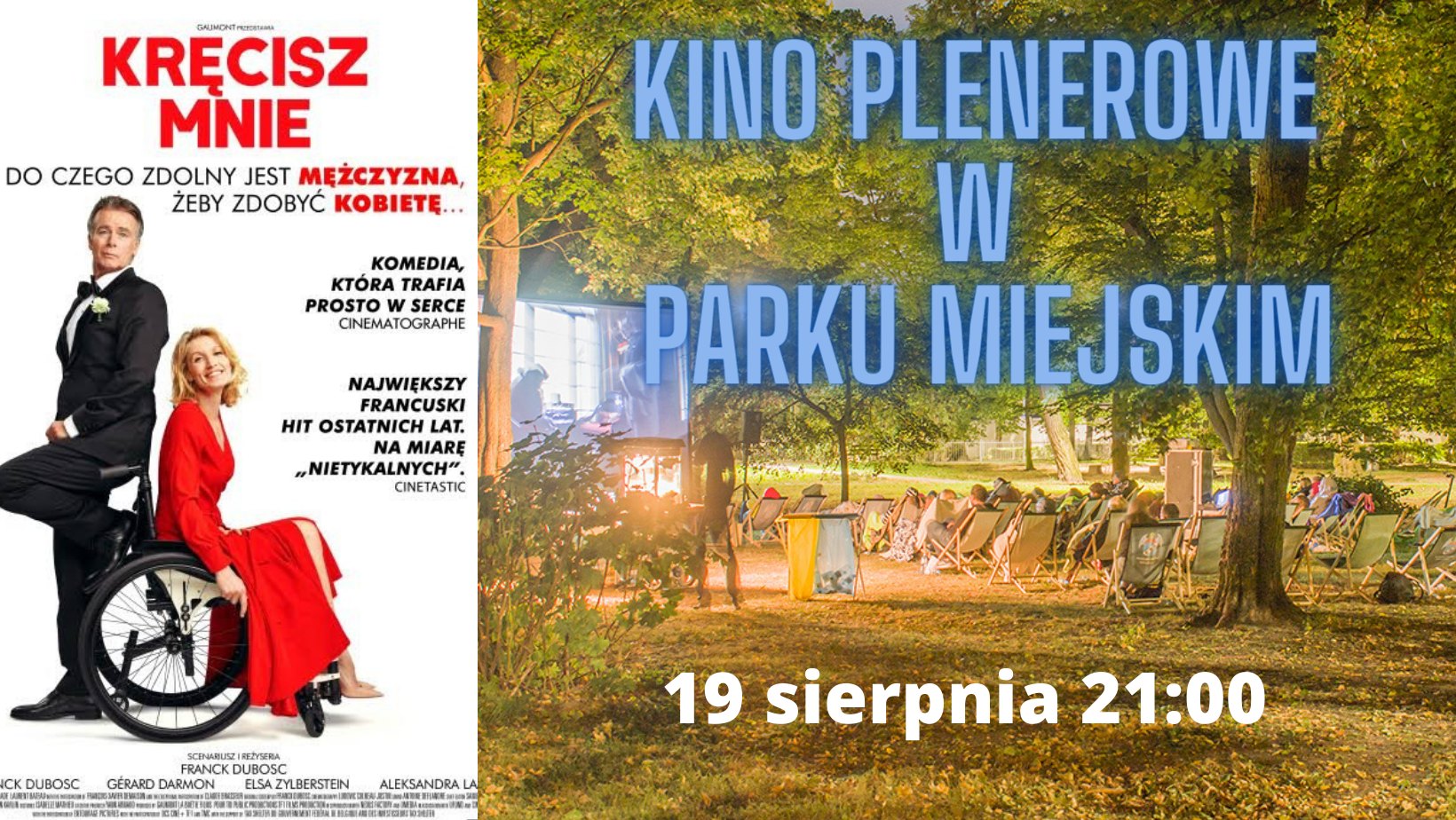 przy kobiecie na wózku inwalidzkim stoi mężczyzna, napis kino plenerowe 21.00, 19 sierpnia