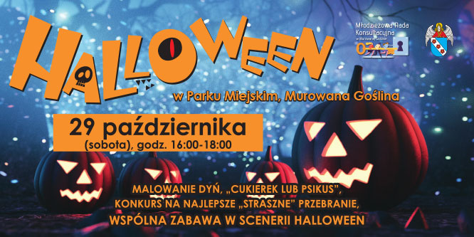 dynie z wyciętymi otworami, napis Halloween Murowana Goślina, Park Miejski 29 października, godz. 16:00-18:00