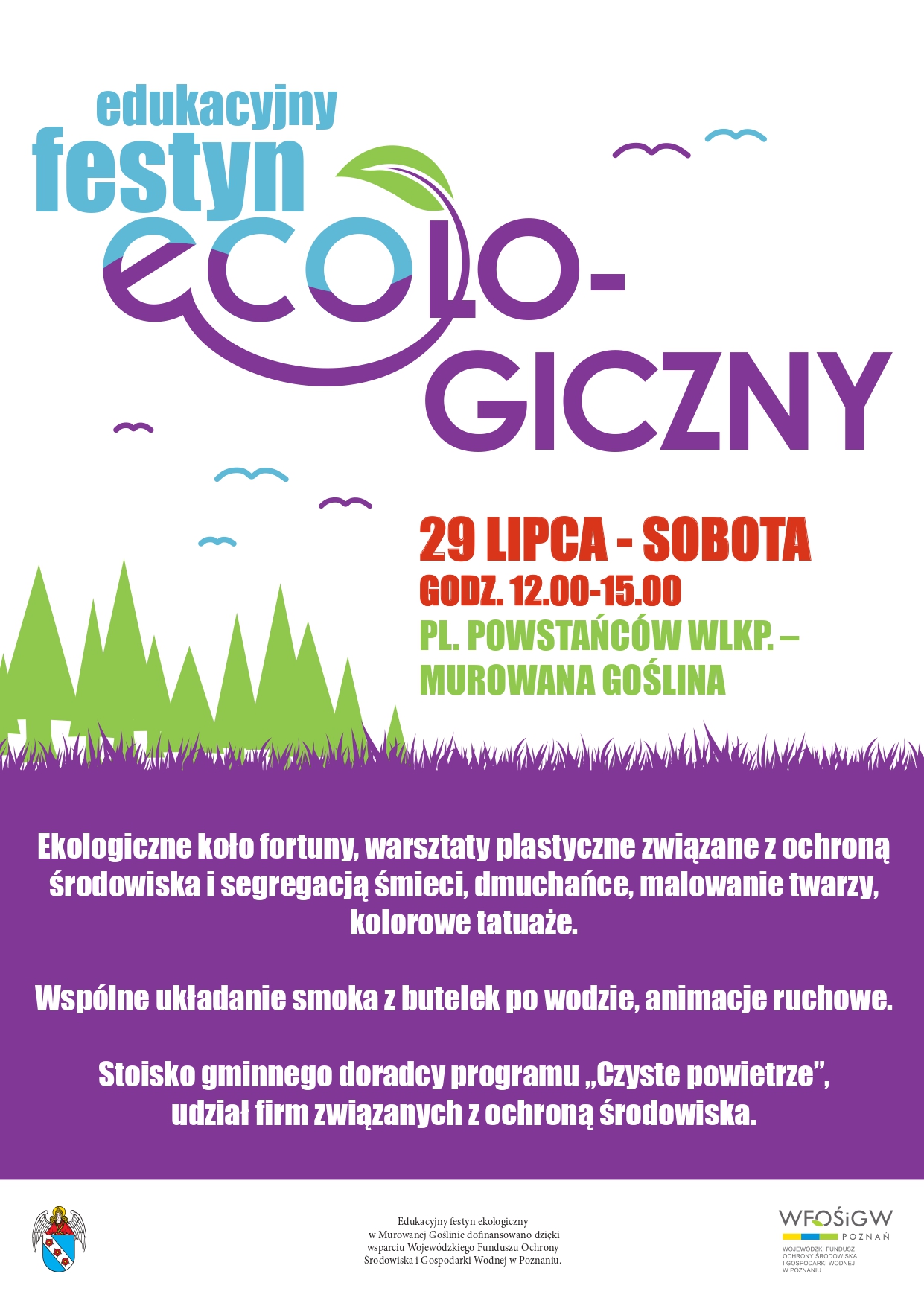 edukacyjny festyn ekologiczny, warsztaty, brokatowe tatuaże, malowanie twarzy, koło fortuny, konkursy o segregacji śmieci i ochronie środowiska