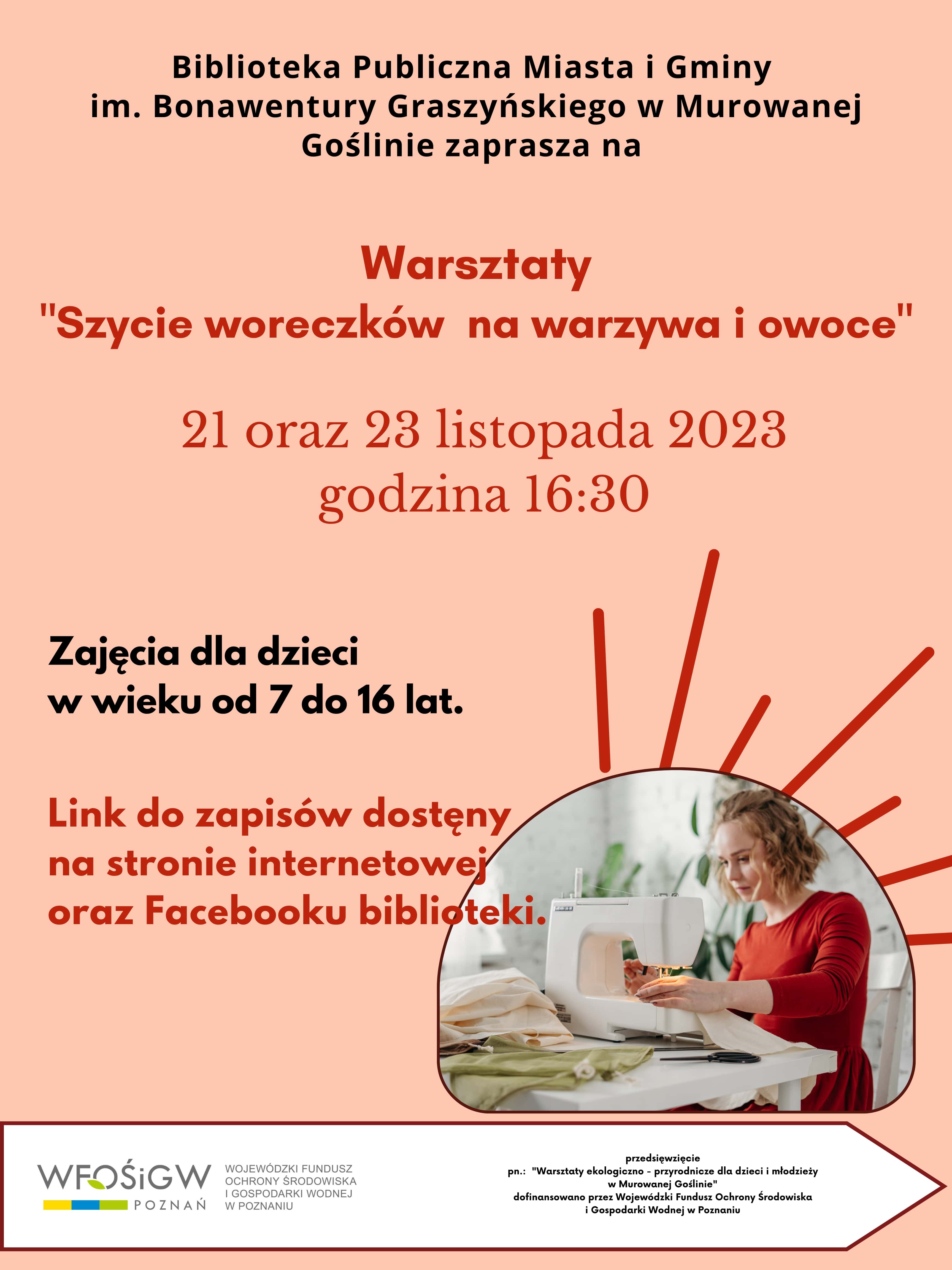 biblioteka publiczna zaprasza na warsztaty szycia woreczków na owoce i warzywa, 21 oraz 23 listopada, godzina 16:30, zajęcia dla dzieci 7 - 16 lat, na zdjęciu kobieta przy maszynie do szycia