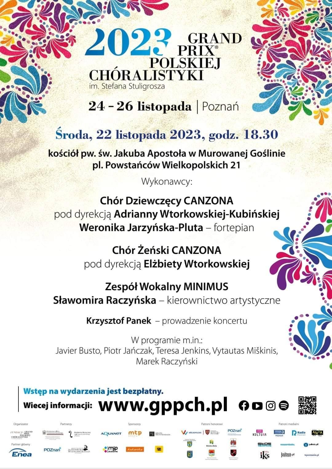 Grand Prix Polskiej Chóralistyki w kościele pw. św. Jakuba Apostoła w Murowanej Goślinie, 18:30, 22 listopada, koncert Chóru Żeńskiego Canzona