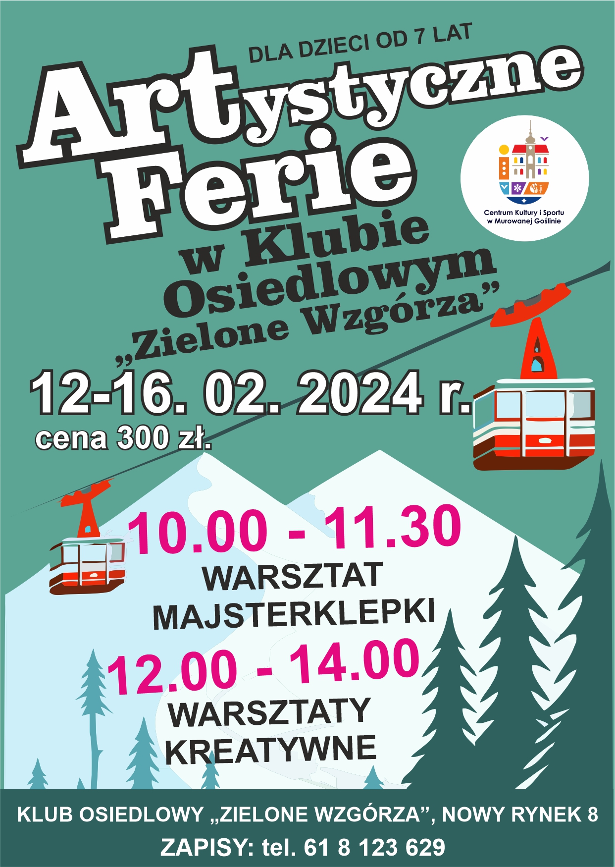 Zapraszamy na ferie artystyczne, 12-16.02.2024, zapisy 300 zł, tel. 61 8123629