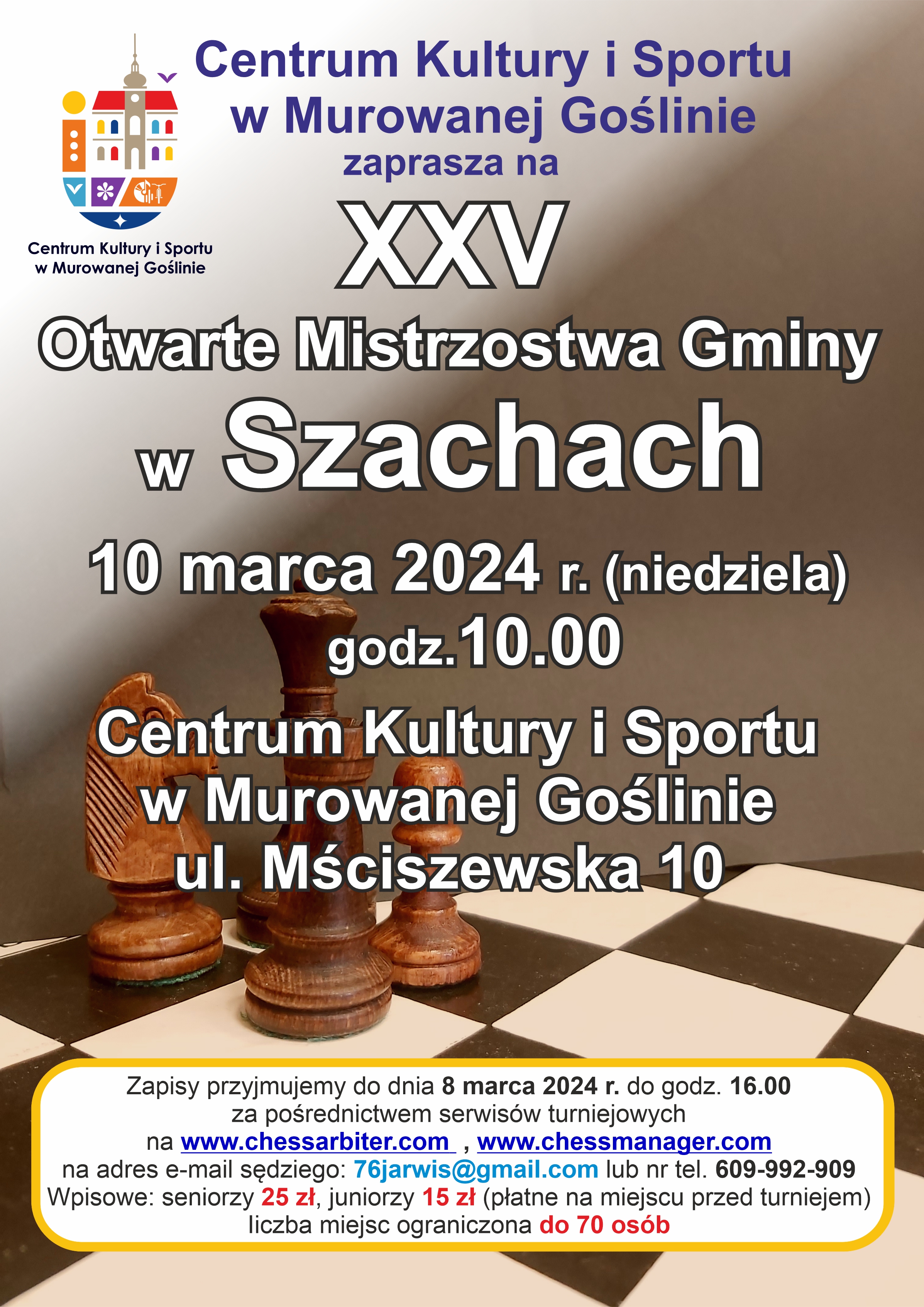 Otwarte Mistrzostwa Gminy w Szachach, 10 marca, godz: 10.00, zapisy do 8 marca, wpisowe 25 zł senior, 15 zł junior, na zdjęciu plansza szachów z pionkami 