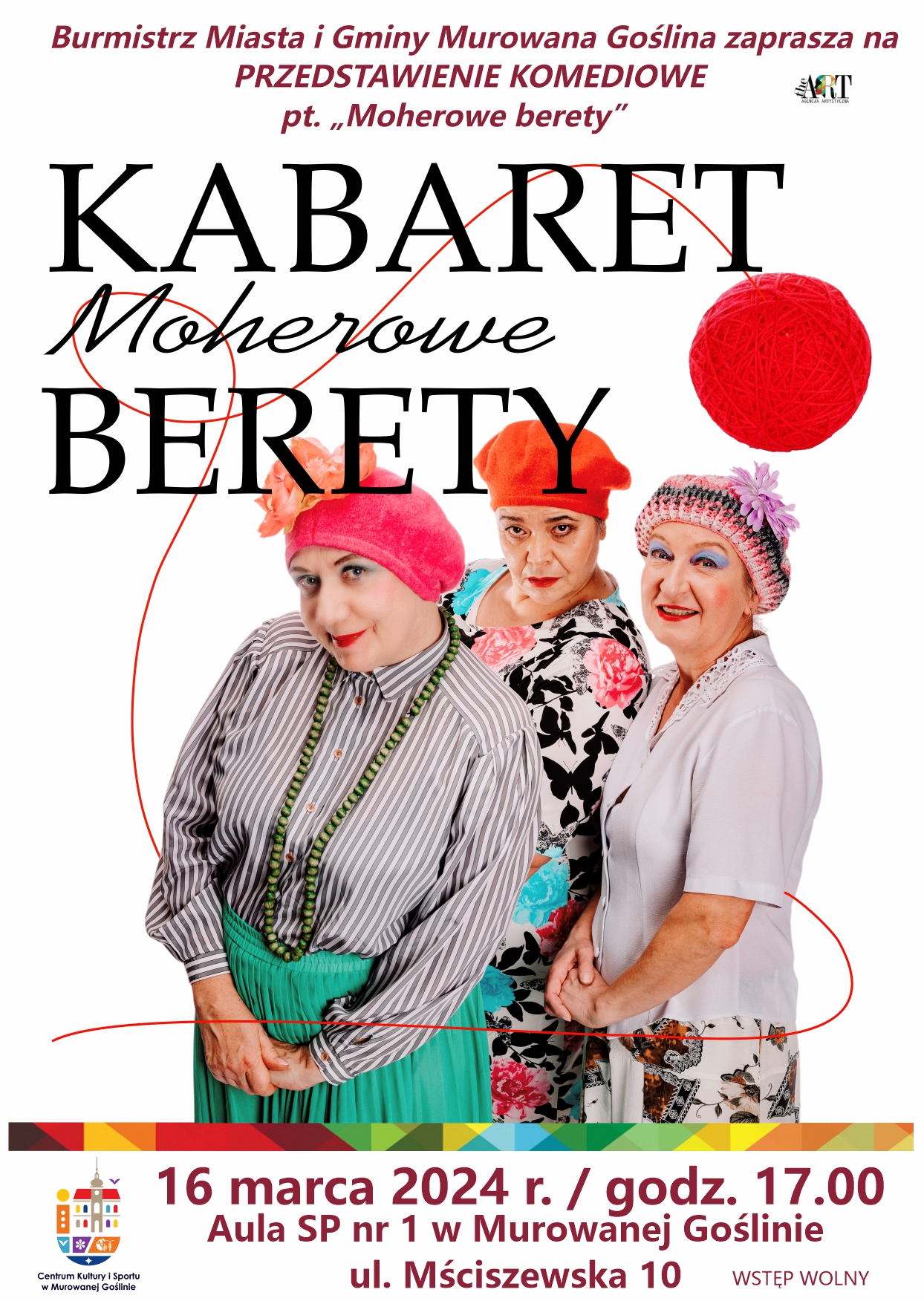 Kabaret Moherowe berety, 16 marca, godz. 17.00, aula SP1, na zdjeciu trzy przebranie kobiety, mocno umalowane, każda w berecie