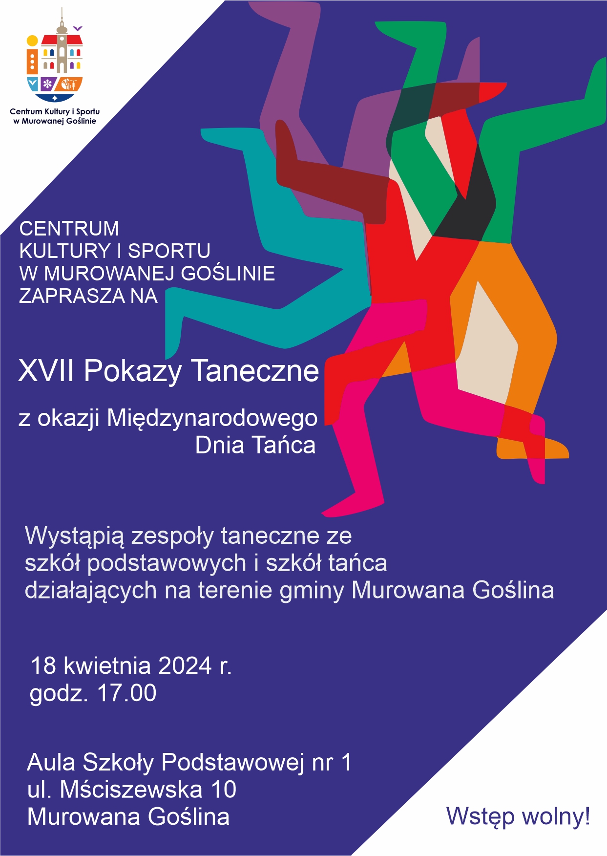 zapraszamy na pokazy tańca z okazji Dnia Tańca, wystąpią zespoły taneczne ze szkół podstawowych, 18 kwietni 2024, godz. 17:00, aula SP1, wstęp wolny