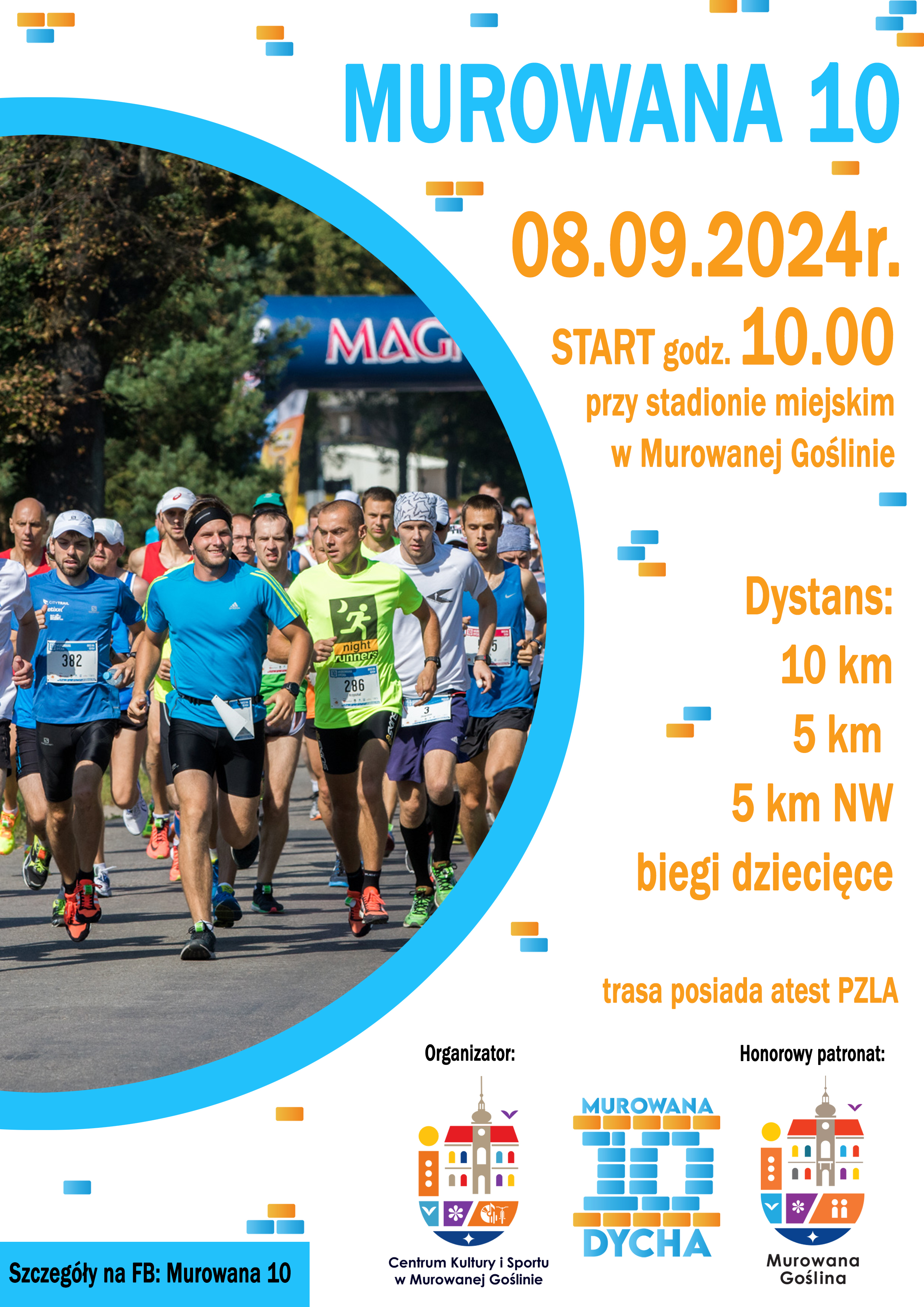 Murowana Dycha, 08.09.2024, godz. 10:00, przy stadionie miejskim w Murowanej Goślinie, dystans 5,10, 5 NW, biegi dziecięce, loga sponsorów, na zdjęciu grupa biegnących osób