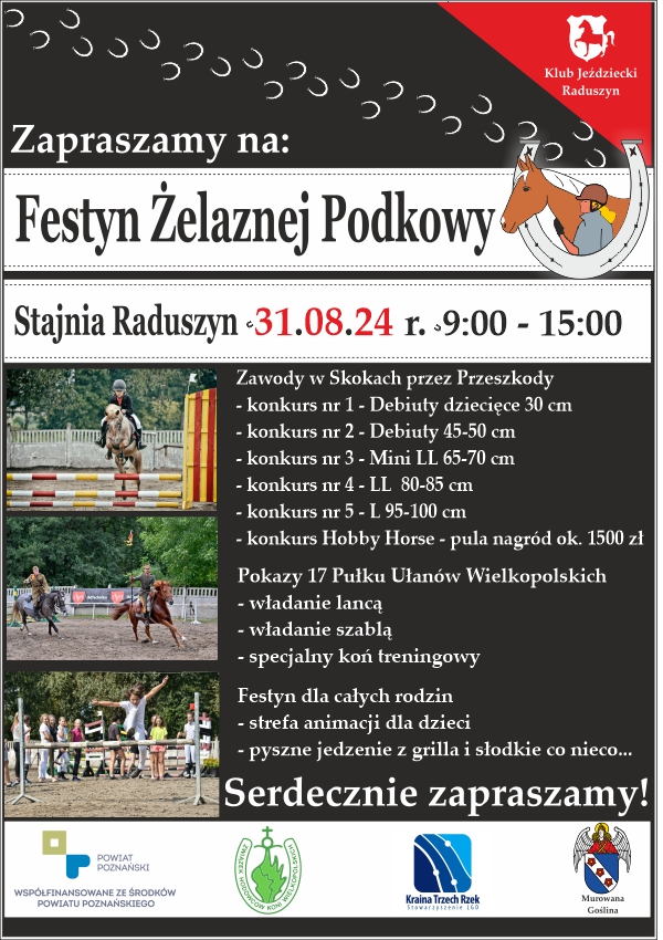 Festyn Żelaznej Podkowy 31 sierpnia, Stajnia Raduszyn, godz. 9:00-16:00, na grafice koniki