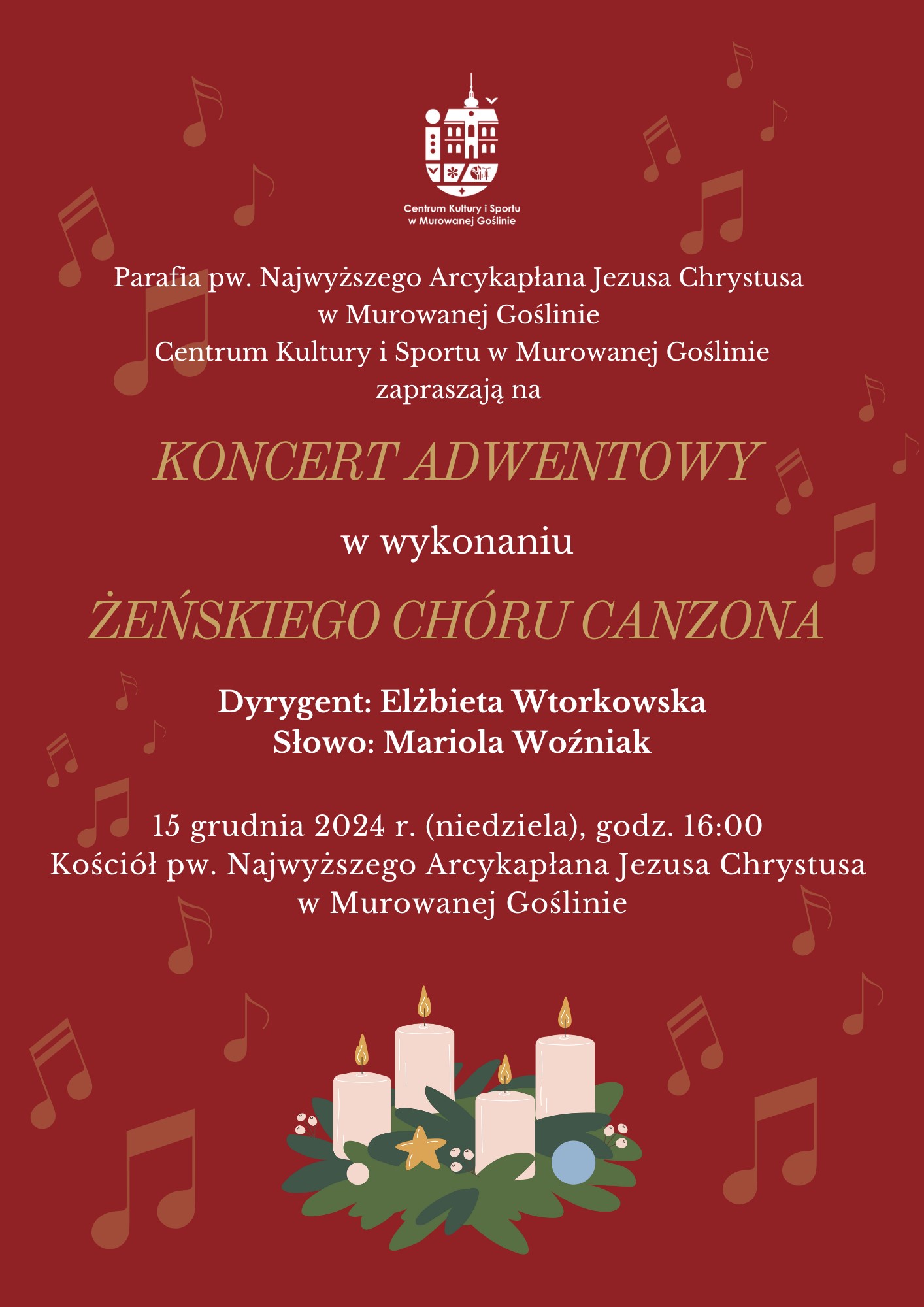 grafika świec w wieńcu świątecznym oraz nutki na plakacie, 