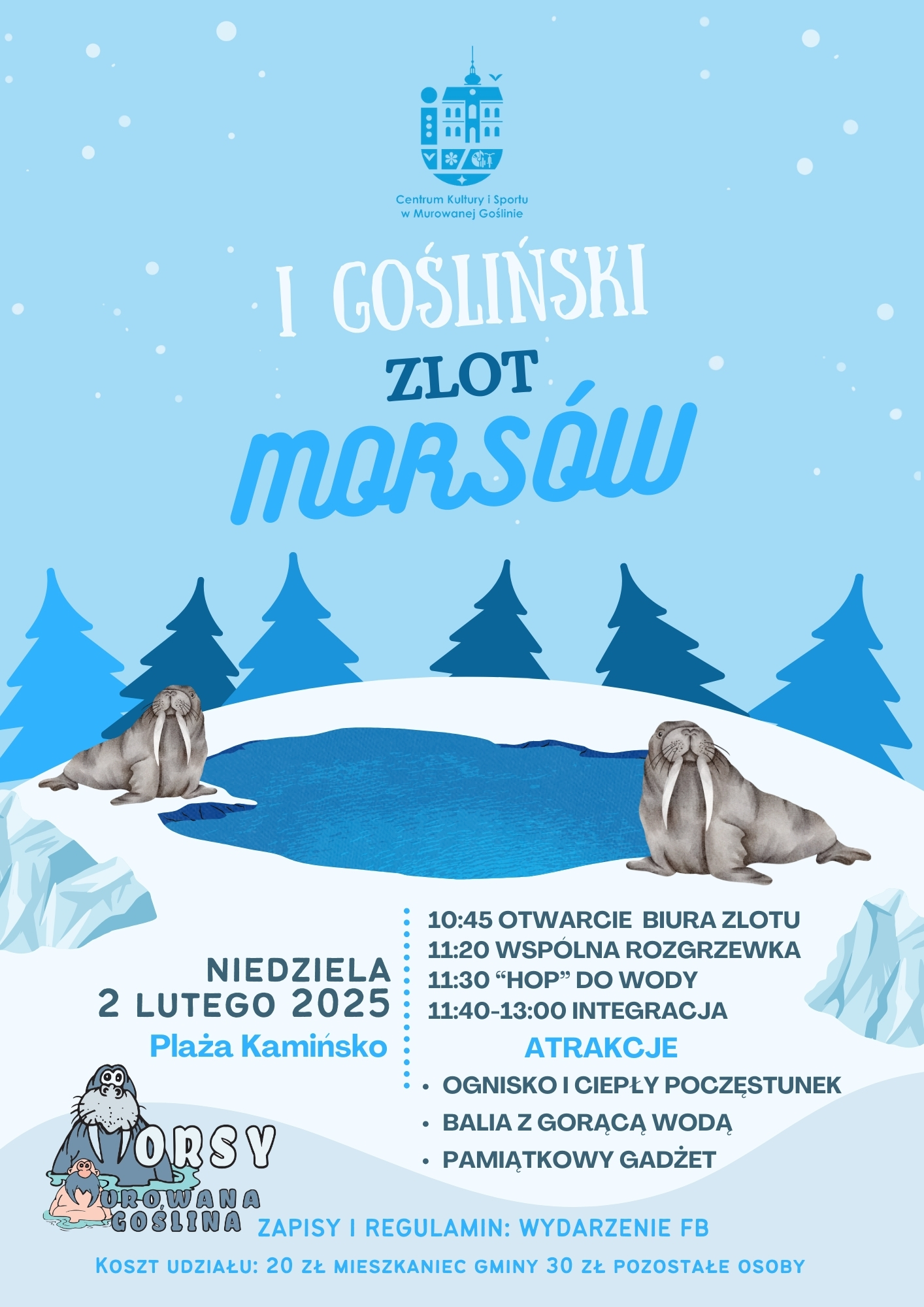 grafika dwóch morsów nad zbiornikiem wodnym, dookoła śnieg i drzewa