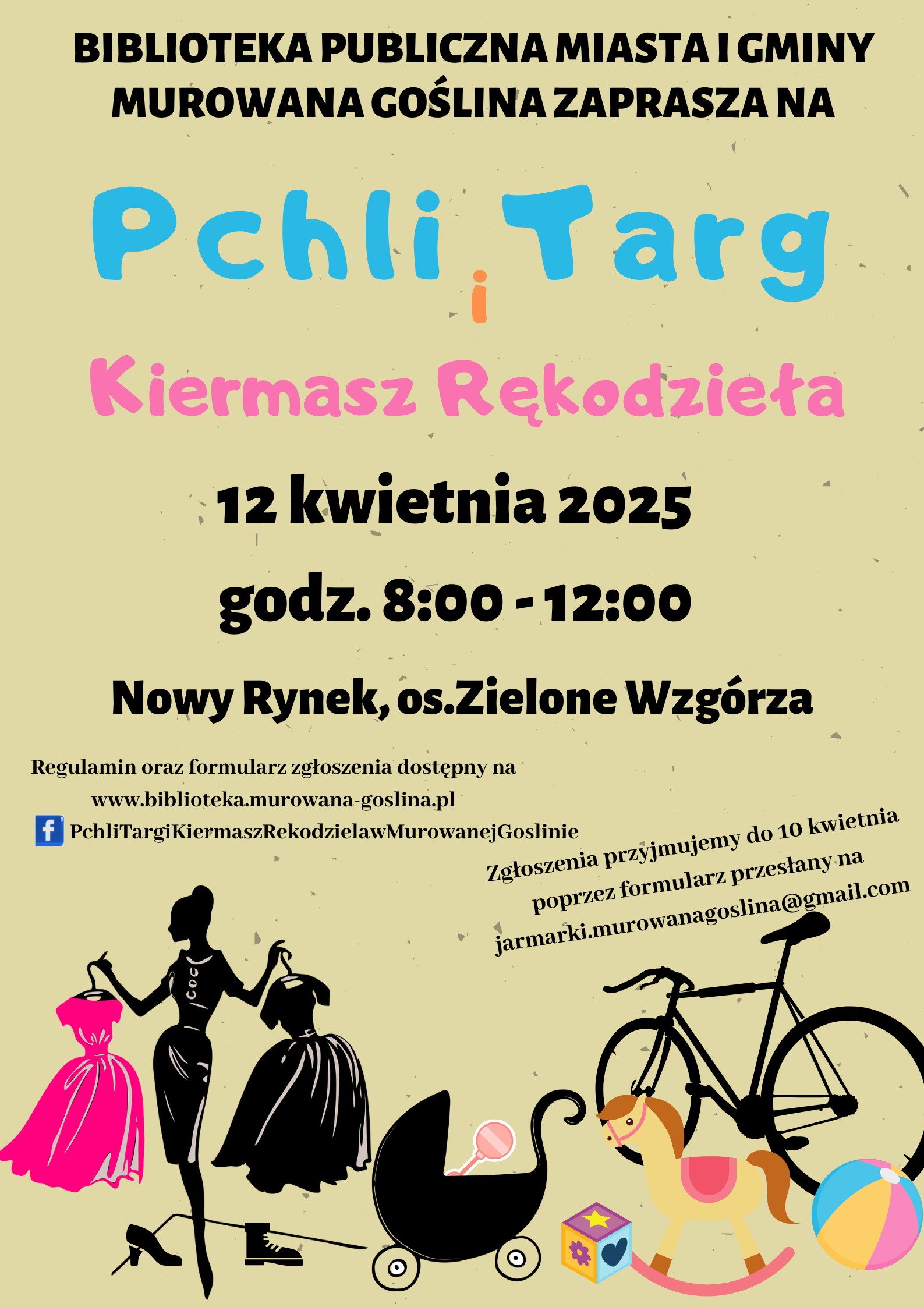 grafika z kobietą trzymającą w rękach sukienki na wieszakach, obok stoi wózek dziecięcy, buty, rower i dziecięce zabawki