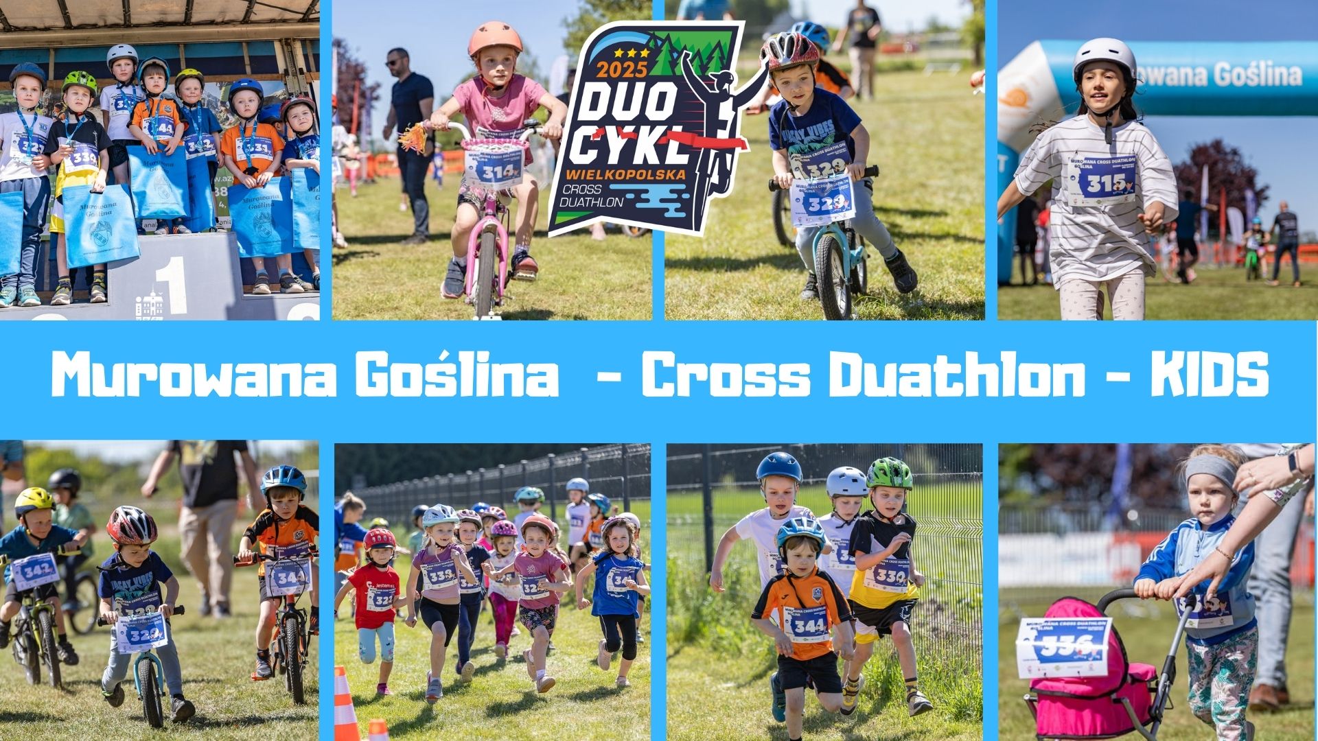 mix zdjęć dzieci biegnących, jeżdżących na rowerze oraz stojących na podium