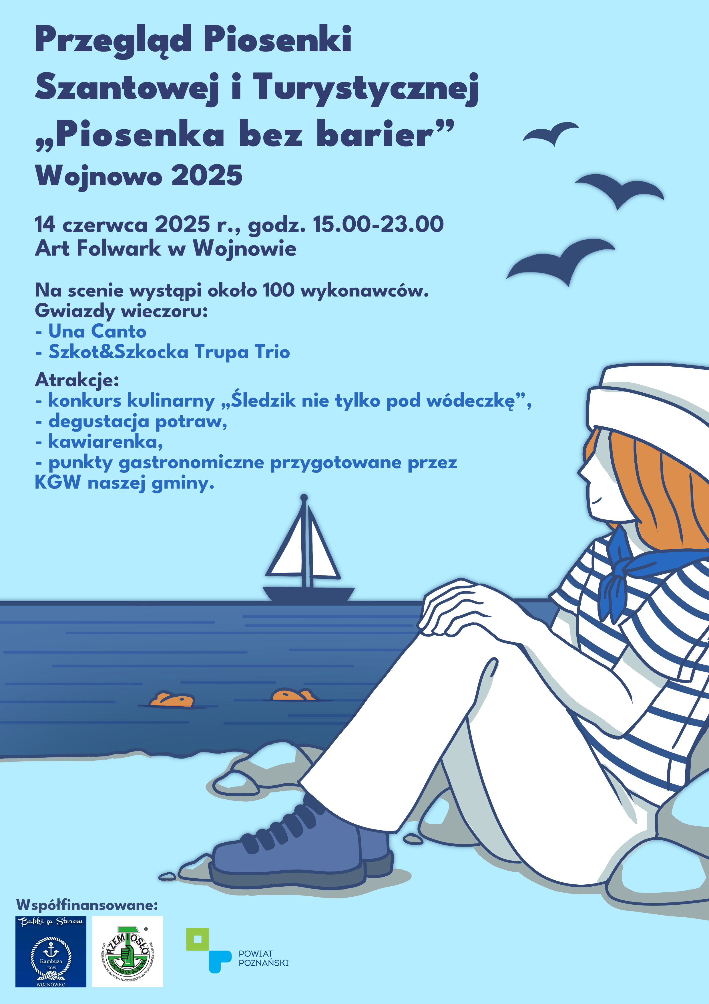 grafika marynarza siedzącego na brzegu w prawym dolnym rogu, na środku płynący statek, w prawym górnym rogu grafika lecących ptaków