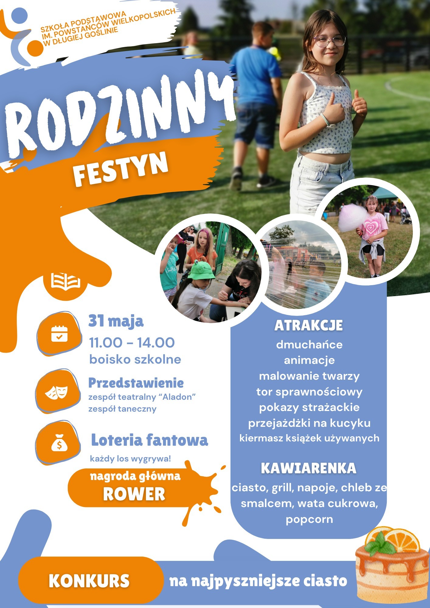 na 4 zdjęciach: dziewczynka na boisku sportowym, dzieci malujace na folii strech, dziewczynka z watą cukrową, chłopciec któremu kobieta wykonuje rysunek na ręce