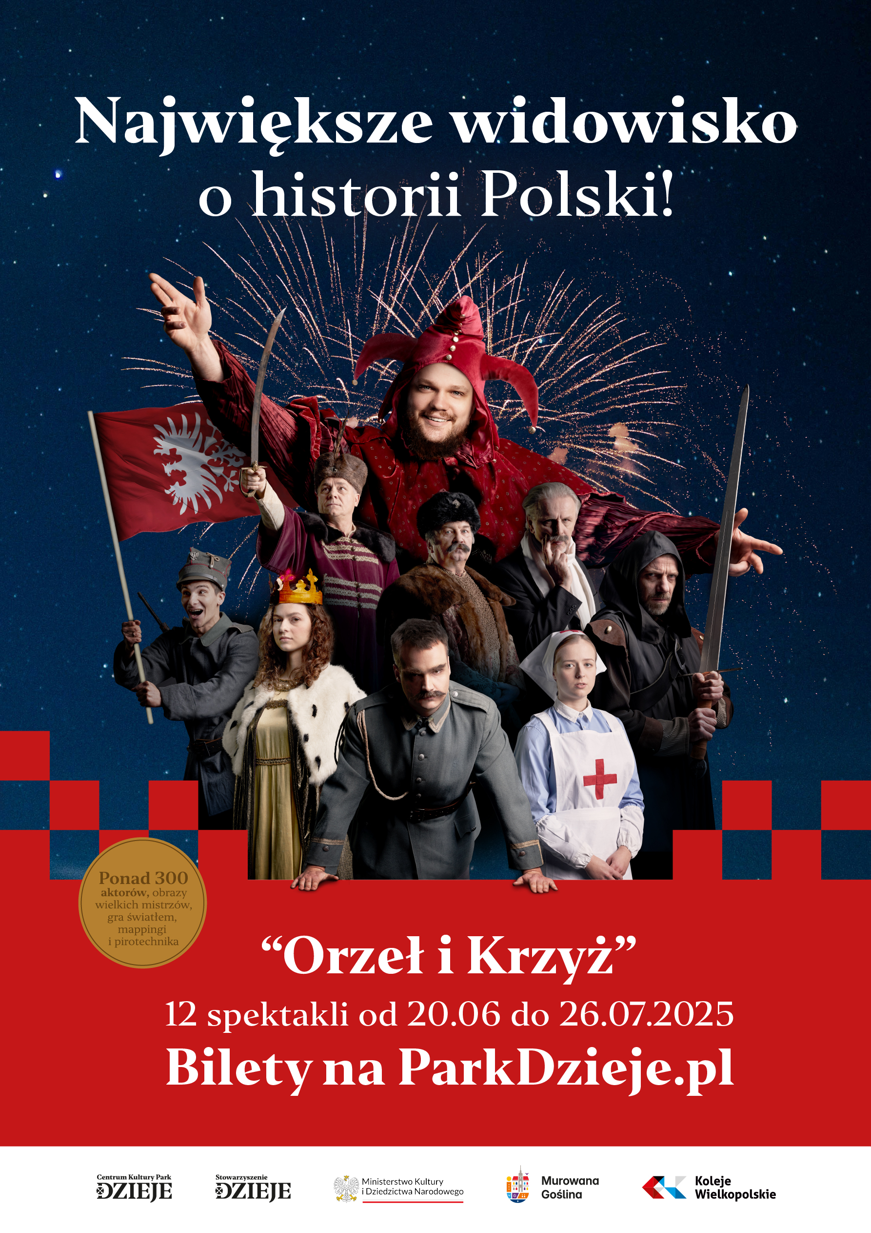 aktorzy w przebraniach na tle fajerwerków
